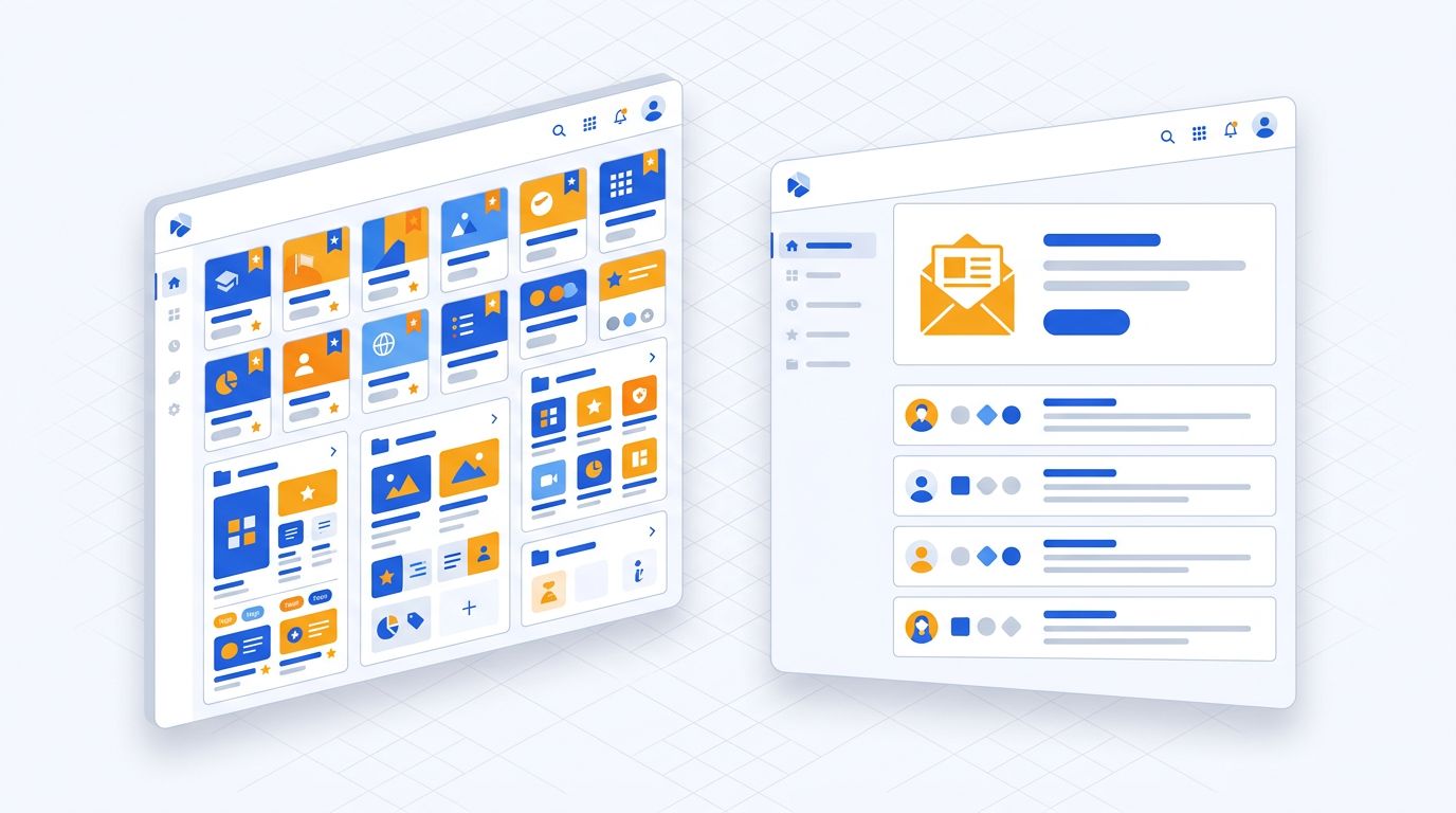 Two bookmark manager app interfaces compared side by side — visual bookmark grid vs clean newsletter-based reading list