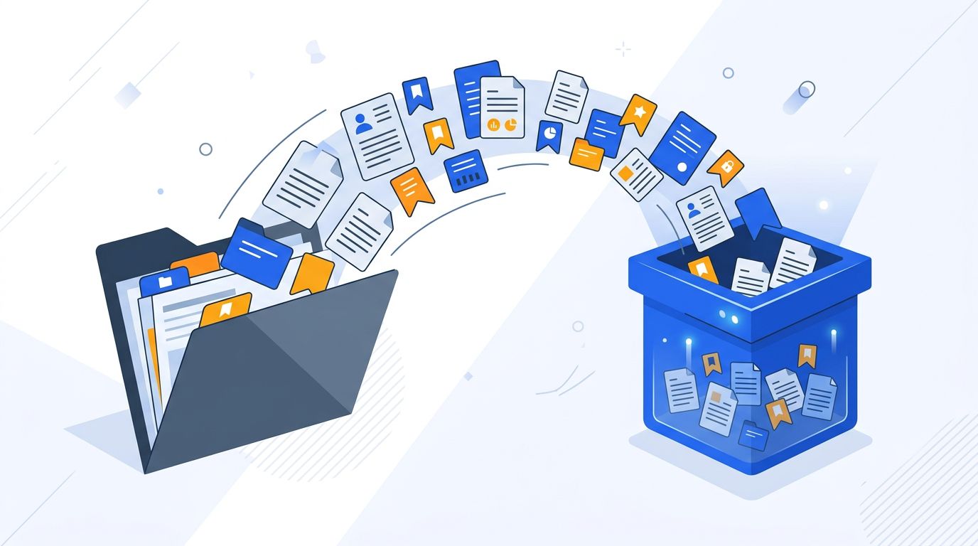 Illustration of exporting bookmarks from Pocket — documents and saved links being transferred to a new bookmark manager