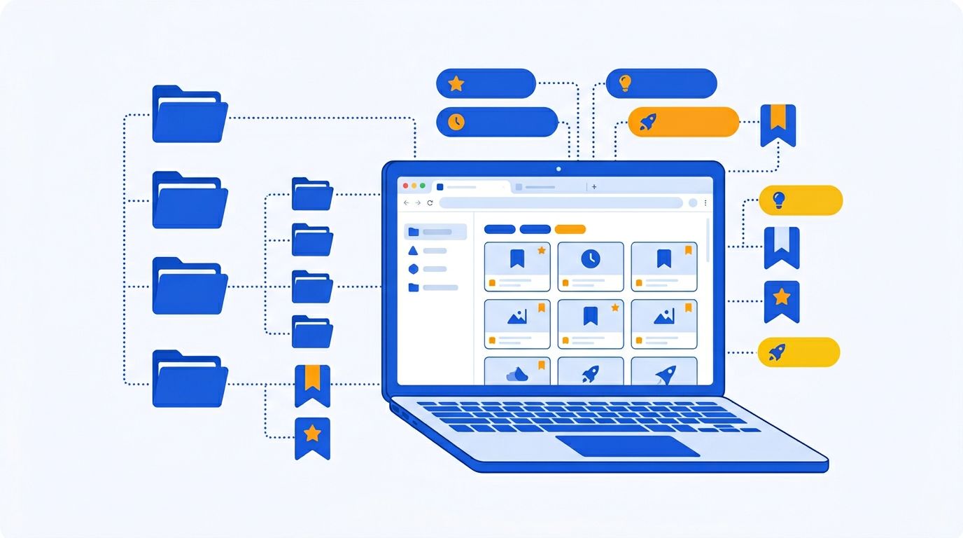 Illustration of bookmark manager features — folders, tags, and browser extensions organized around a laptop screen