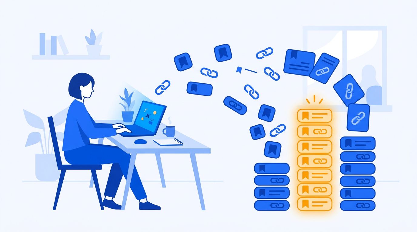 Person organizing bookmarks and saved articles into a bookmark manager after switching from Pocket