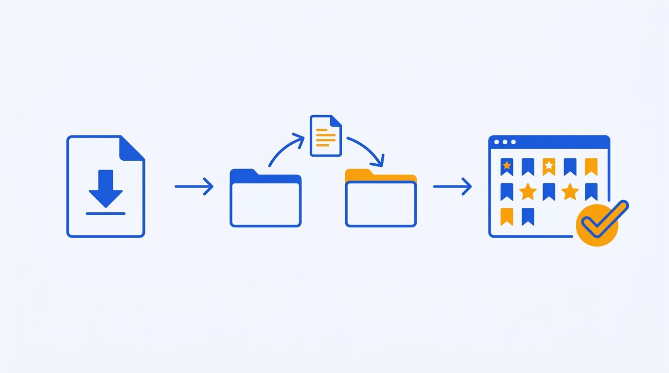 Step-by-step illustration of migrating bookmarks — downloading data, transferring files, and organizing in a new app