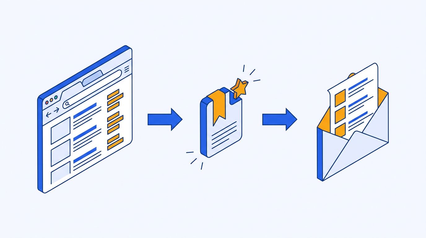 Workflow illustration showing articles being saved from a browser, bookmarked, and delivered as a reading newsletter